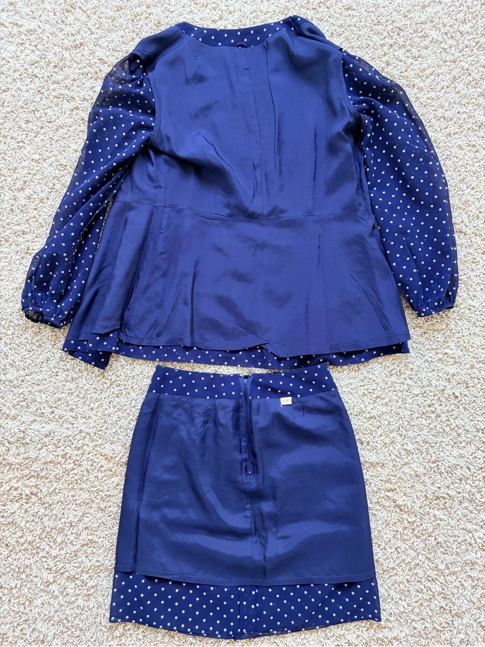 70’s Navy Polka Dot Sheer Peplum Skirt Suit Small Made in Japan